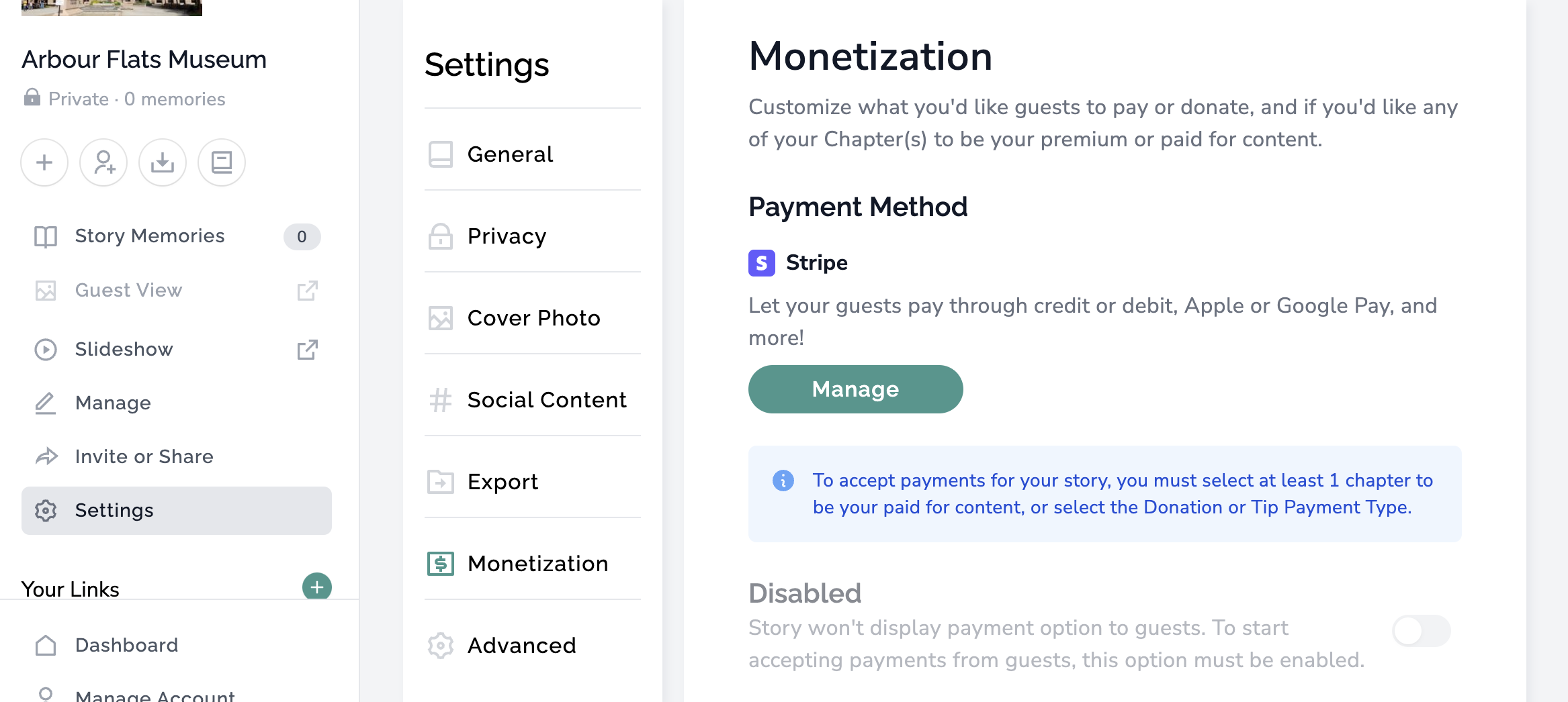 screenshot of story monetization settings in memorykpr