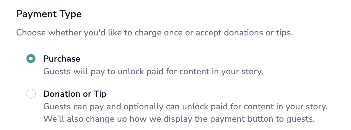 screenshot of the payment type settings for story monetization