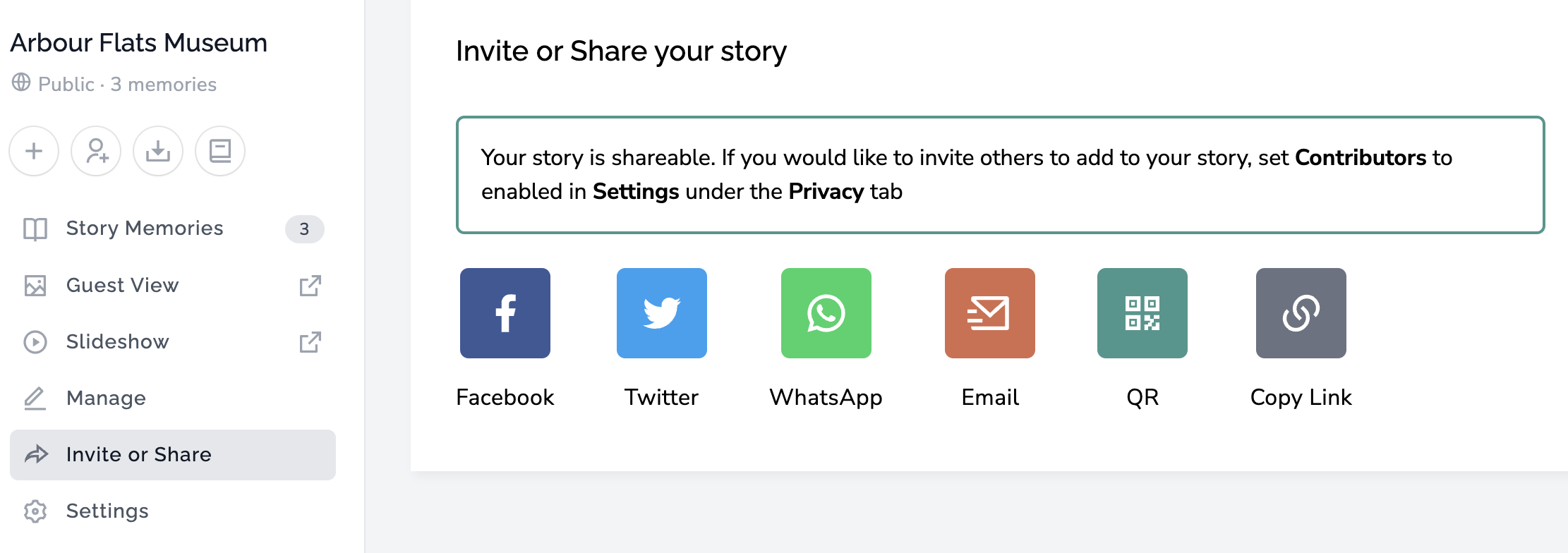 Screenshot showing the sharing options for your memorykpr story