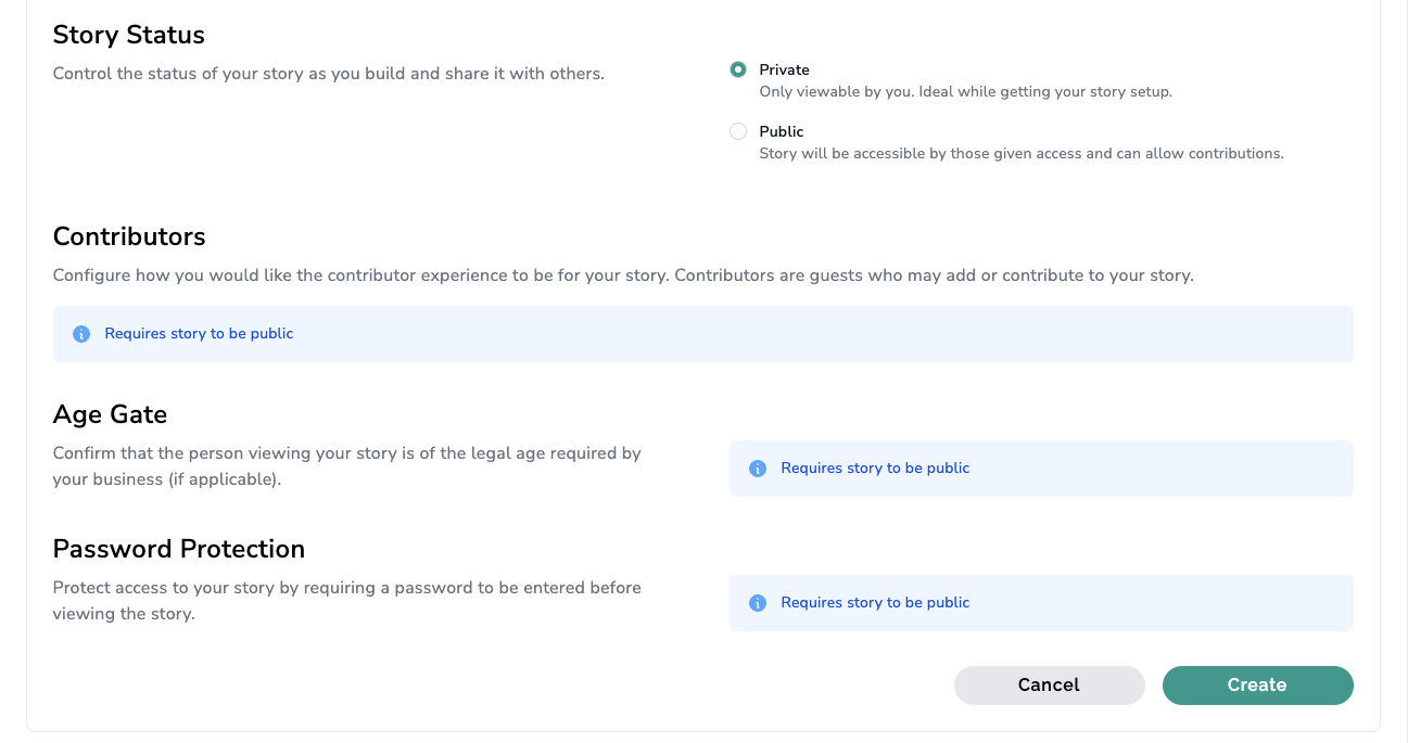 screenshot showcasing some of the privacy settings available during story creation in memorykpr