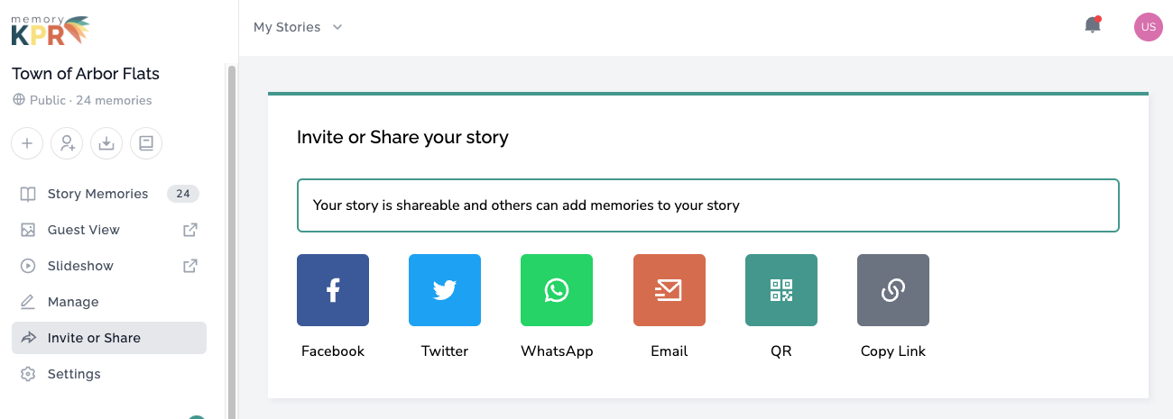 screenshot showing how you can share your memorykpr story on social media, links, or qr codes