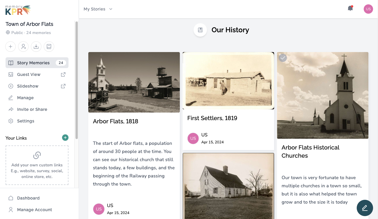 memoryKPR story page for the town of Arbor Flats showing a curated community story